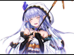 Rule 34 | 10s, 1girl, ^ ^, bare shoulders, blurry, blush, breasts, closed eyes, crystal, depth of field, detached collar, eyebrows, granblue fantasy, happy, holding, holding staff, hood, letterboxed, lily (granblue fantasy), long hair, maru (sw1tch), pointy ears, simple background, small breasts, smile, solo, sparkle, staff, upper body, white background