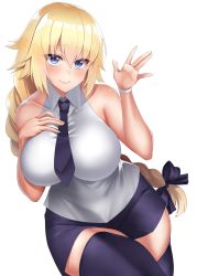 Rule 34 | 1girl, asakura kukuri, blonde hair, blouse, blue eyes, blue necktie, blue thighhighs, blush, braid, breasts, closed mouth, collared shirt, fate/apocrypha, fate (series), hair between eyes, halterneck, highres, jeanne d&#039;arc (fate), jeanne d&#039;arc (girl from orleans) (fate), jeanne d&#039;arc (ruler) (fate), large breasts, long hair, looking at viewer, miniskirt, necktie, shirt, simple background, single braid, skirt, smile, solo, thighhighs, thighs, very long hair, white background, white shirt