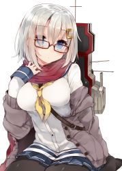 Rule 34 | 10s, 1girl, bad id, bad twitter id, bespectacled, black pantyhose, blue eyes, breasts, buttons, cannon, cardigan, female focus, glasses, hair ornament, hair over one eye, hairclip, hamakaze (kancolle), kantai collection, kou mashiro, large breasts, long sleeves, looking at viewer, machinery, open cardigan, open clothes, pantyhose, pleated skirt, red-framed eyewear, red scarf, scarf, school uniform, serafuku, short hair, silver hair, simple background, sitting, skirt, solo, turret, wariza, white background
