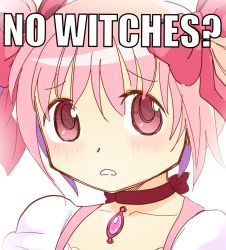 Rule 34 | 1girl, blush, bow, bow choker, choker, commentary, crown, dreamaruu, english commentary, english text, frown, highres, impact (font), kaname madoka, looking at viewer, magical girl, mahou shoujo madoka magica, meme, no bitches? (meme), pink eyes, pink hair, portrait, puffy short sleeves, puffy sleeves, red bow, red choker, short sleeves, short twintails, simple background, solo, soul gem, teeth, twintails, white background