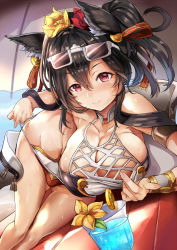 Rule 34 | 1girl, animal ears, armband, bare shoulders, beach umbrella, black hair, blush, breasts, cape, cleavage, clothes pull, collarbone, cup, drink, drinking glass, earrings, erune, eyewear on head, flower, granblue fantasy, hair between eyes, hair flower, hair ornament, hair ribbon, himuro shunsuke, hip focus, ilsa34660285, ilsa (granblue fantasy), jewelry, large breasts, long hair, looking at viewer, lying, on side, one-piece swimsuit, one-piece swimsuit pull, orange ribbon, ponytail, red eyes, ribbon, smile, solo, sunglasses, swimsuit, thighs, umbrella, white one-piece swimsuit, wrist cuffs