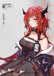 Rule 34 | 1girl, arknights, bare shoulders, belt, black belt, black dress, black jacket, breasts, character name, cleavage, commentary request, dress, grey background, highres, horns, jacket, large breasts, long hair, looking at viewer, mogamigawa (mwft8758), off shoulder, red hair, sleeveless, sleeveless dress, solo, surtr (arknights), upper body, very long hair