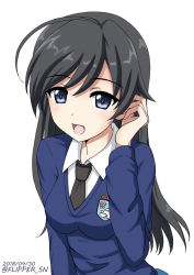 Rule 34 | 10s, :d, ahoge, alternate costume, black eyes, black hair, black necktie, blue sweater, commentary, dated, dress shirt, emblem, flipper, girls und panzer, hand in own hair, isuzu hana, long hair, long sleeves, looking at viewer, necktie, one-hour drawing challenge, open mouth, school uniform, shirt, simple background, smile, solo, st. gloriana&#039;s (emblem), st. gloriana&#039;s school uniform, standing, sweater, twitter username, upper body, v-neck, white background, white shirt, wing collar