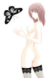 Rule 34 | 1girl, ass, back, breasts, brown eyes, brown hair, bug, butterfly, hip bones, insect, lips, looking back, medium breasts, nail polish, nipples, nude, original, short hair, simple background, solo