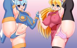 Rule 34 | 2girls, absurdres, android, blonde hair, blue eyes, boots, breasts, ciel (mega man), gloves, helmet, highres, holding hands, leg lift, fairy leviathan (mega man), long hair, mega man (series), mega man zero (series), multiple girls, okamoto fujio, open mouth, ponytail, purple eyes, smile, spread legs, thigh boots, thighhighs