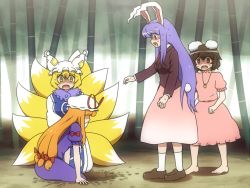 Rule 34 | 4girls, animal ears, animal hat, bamboo, bamboo forest, barefoot, blazer, blonde hair, buck teeth, carrot, commentary request, dress, empty eyes, fang, forest, fox tail, hair ribbon, hat, hat ribbon, hidden eyes, inaba tewi, jacket, jewelry, long hair, long sleeves, mob cap, multiple girls, multiple tails, nature, necklace, open mouth, pendant, mob cap, pink dress, pitfall, puffy short sleeves, puffy sleeves, purple dress, purple hair, rabbit ears, rabbit tail, red eyes, reisen udongein inaba, ribbon, shaded face, shirosato, shirt, short sleeves, silent sinner in blue, sitting, skirt, sweat, tabard, tail, teeth, touhou, touhou bougetsushou, tress ribbon, very long hair, white dress, yakumo ran, yakumo yukari, yellow eyes