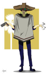 Rule 34 | 1boy, blue footwear, brigadefuhrer, cigarette, closed mouth, cowboy bebop, full body, gun, hat, highres, holding, holding gun, holding weapon, palm tree, poncho, smoke, solo, sombrero, spike spiegel, spiked hair, standing, tree, weapon