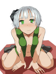 Rule 34 | 1girl, bare shoulders, black socks, blush, bob cut, bottomless, breasts, collarbone, daitoutei, green eyes, hair ribbon, konpaku youmu, leaning forward, looking at viewer, naked shirt, naked vest, navel, open clothes, open shirt, open vest, partially undressed, ribbon, shirt, short hair, silver hair, sitting, sleeveless, sleeveless shirt, small breasts, smile, socks, solo, touhou, vest, wariza