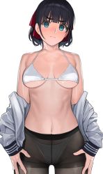 Rule 34 | 1girl, bikini, bikini under clothes, black hair, black pantyhose, blue eyes, blunt bangs, blush, breasts, cleavage, closed mouth, commentary, cowboy shot, frown, hair ribbon, looking at viewer, medium breasts, mibu natsuki, navel, off shoulder, open clothes, open shirt, original, pantyhose, partially undressed, red ribbon, ribbon, scowl, short hair, simple background, solo, standing, stomach, stomach day, string bikini, swimsuit, thighband pantyhose, white background, white bikini
