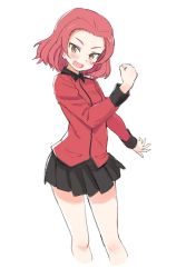 Rule 34 | 10s, 1girl, :d, black skirt, blush, brown eyes, clenched hands, commentary, cropped legs, epaulettes, fist pump, girls und panzer, head tilt, highres, jacket, long sleeves, looking at viewer, military, military uniform, open mouth, pleated skirt, red hair, red jacket, rosehip (girls und panzer), short hair, simple background, skirt, smile, solo, st. gloriana&#039;s military uniform, standing, uasi, uniform, v-shaped eyebrows, white background