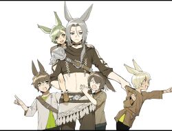 Rule 34 | 1boy, 4others, animal ears, annoyed, warrior of light (ff14), blonde hair, brown hair, carrying, child, choker, collar tug, commentary request, cropped shirt, crying, fang, final fantasy, final fantasy xiv, frown, green eyes, green hair, grey hair, hair between eyes, hair over one eye, long hair, long sleeves, looking at viewer, multiple others, navel, niboshi kom, open mouth, parted bangs, piggyback, pointing, ponytail, short hair, swept bangs, tears, viera, white background, yellow eyes