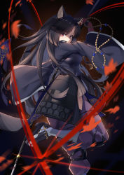 Rule 34 | 1girl, absurdres, animal ears, arknights, beads, black hair, black kimono, chinese commentary, commentary request, dog ears, geta, highres, japanese clothes, kimono, knee pads, long hair, long sleeves, looking at viewer, pants, partial commentary, prayer beads, purple pants, red eyes, saga (arknights), socks, solo, white socks, wide sleeves, yu e baba