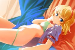 Rule 34 | 1girl, alice margatroid, bed, blonde hair, blue eyes, bra, braid, female focus, green bra, green panties, hairband, highres, hinohoshi ataru, lingerie, looking at viewer, lying, midriff, navel, no pants, on back, open clothes, open shirt, panties, panty pull, sany, shirt, short hair, solo, sweat, touhou, underwear