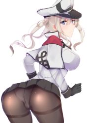 Rule 34 | 10s, 1girl, ashino, ass, blonde hair, blue eyes, breasts, crotch seam, gloves, graf zeppelin (kancolle), hat, kantai collection, large breasts, long hair, miniskirt, panties, panties under pantyhose, pantyhose, peaked cap, skirt, solo, thighband pantyhose, twintails, underwear, wide hips