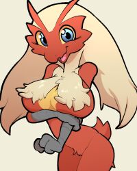 Rule 34 | 1girl, blaziken, blonde hair, blue eyes, breasts, colored sclera, creatures (company), furry, furry female, game freak, gen 3 pokemon, itsunknownanon, long hair, looking at viewer, nintendo, open mouth, pokemon, pokemon (creature), smile, yellow sclera