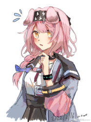 Rule 34 | 1girl, animal ears, arknights, artist name, black choker, black hairband, black skirt, blush, bracelet, braid, cat ears, choker, dated, flying sweatdrops, goldenglow (arknights), grey jacket, hair over shoulder, hairband, highres, id card, infection monitor (arknights), jacket, jewelry, lightning bolt print, long hair, long sleeves, looking at viewer, open clothes, open jacket, open mouth, pink hair, shirt, simple background, single braid, skirt, solo, weibo watermark, white background, white shirt, yellow eyes