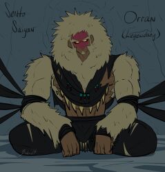 Rule 34 | absurdres, alternate universe, bahnloopi, beads, biceps, black pants, black sclera, black tunic, black wristband, body fur, broad shoulders, cave, colored sclera, colored skin, dark-skinned male, dark skin, dragon ball, dragon ball super, expressionless, facial hair, goatee, head tilt, highres, indian style, jewelry, legendary super saiyan, long hair, looking at viewer, muscular, muscular male, necklace, nose piercing, nose ring, pants, piercing, poncho, red skin, saiyan, serious, sitting, stone wall, super saiyan, tooth necklace, torn clothes, torn pants, wall, yellow eyes, yellow fur