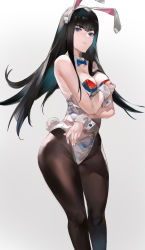 Rule 34 | 1girl, animal ears, bare shoulders, black hair, black pantyhose, blazpu, blue bow, blue eyes, bow, bowtie, breasts, brown pantyhose, detached collar, fake animal ears, feet out of frame, grey background, grey leotard, highres, kill la kill, kiryuuin satsuki, leotard, long hair, looking at viewer, pantyhose, playboy bunny, rabbit ears, rabbit tail, shiny clothes, simple background, solo, tail, wrist cuffs
