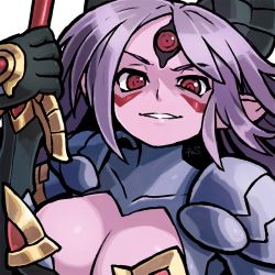 Rule 34 | 1girl, armor, bad id, bad twitter id, black gloves, breasts, colored skin, commentary request, copyright request, facial mark, gloves, grin, holding, holding weapon, horns, looking at viewer, medium breasts, parted lips, pauldrons, pink skin, pointy ears, purple hair, reiesu (reis), shoulder armor, signature, simple background, smile, solo, third eye, upper body, weapon, white background