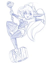 Rule 34 | 1girl, bigdead, corset, hammer, headdress, league of legends, long hair, maid, maid headdress, pole dancing, poppy (league of legends), poppy (league of legends), sketch, thighhighs, twintails, weapon, yordle