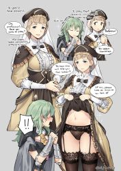 Rule 34 | !, !!, 2girls, black panties, blonde hair, blue eyes, blush, byleth (female) (fire emblem), byleth (fire emblem), clothes lift, dress, dress lift, english text, fire emblem, fire emblem: three houses, flashing, garter belt, garter straps, ge-b, gluteal fold, green hair, hat, highres, lace, lace-trimmed legwear, lace-trimmed panties, lace trim, lingerie, looking at another, mercedes von martritz, multiple girls, navel, nintendo, open mouth, panties, sequential, short hair, simple background, smile, sparkle, speech bubble, stomach, thighhighs, underwear, yuri