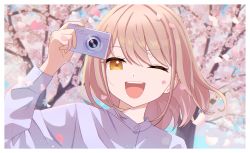 Rule 34 | 1girl, :d, absurdres, arm up, blonde hair, blurry, blurry background, border, camera, cherry blossoms, collared shirt, digital camera, highres, holding, holding camera, lens flare, long sleeves, looking at viewer, medium hair, one eye closed, open mouth, original, petal on face, petals, shirt, short hair, siroiro0, smile, solo, yellow eyes