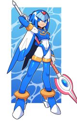 Rule 34 | 1girl, android, blue background, blue eyes, breasts, facing viewer, gloves, helmet, highres, holding, holding weapon, fairy leviathan (mega man), light smile, medium breasts, mega man (series), mega man zero (series), omeehayo, solo, tagme, water, weapon, white gloves