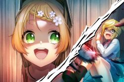 Rule 34 | 2girls, blonde hair, chainsaw, green eyes, multiple girls, open mouth, parody, the shining