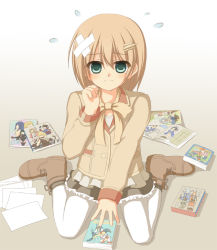 Rule 34 | 1girl, aose saratoga, aqua eyes, atelier (series), atelier totori, bandages, blush, book, boots, bow, brown hair, clumsy, coat, embarrassed, female focus, filly erhard, hair ornament, hairpin, looking at viewer, pantyhose, short hair, sitting, smile, tears, wariza