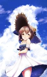 Rule 34 | 1girl, anchor symbol, bare shoulders, blue bow, blue sky, bow, brown eyes, brown hair, cloud, collarbone, cowboy shot, day, dress, flower, hair between eyes, hat, hat flower, headgear, headset, highres, kantai collection, long dress, looking at viewer, ocean, official alternate costume, open mouth, outdoors, short hair, signature, sky, smile, solo, speaking tube headset, straw hat, sun hat, sundress, sunflower, twitter username, white dress, yomitsuna, yukikaze (kancolle)