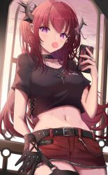 Rule 34 | 1girl, arknights, belt, black belt, black choker, black gloves, black shirt, blush, breasts, cellphone, choker, commentary, cowboy shot, crop top, cross, cross necklace, gloves, hand up, highres, holding, holding phone, horns, jewelry, long hair, looking at viewer, midriff, miniskirt, navel, necklace, official alternate costume, phone, purple eyes, red hair, red skirt, revision, shirt, short sleeves, single glove, skirt, small breasts, smartphone, solo, standing, stomach, stratoz, surtr (arknights), surtr (liberte echec) (arknights)