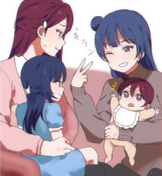 Rule 34 | 4girls, arms up, baby, bib, blue dress, blue hair, child, chromatic aberration, dress, family, hair bun, hair ornament, hairclip, half updo, if they mated, long sleeves, love live!, love live! sunshine!!, mother and daughter, multiple girls, o/, one eye closed, onesie, outstretched arms, purple eyes, red eyes, sakurauchi riko, sellel, short sleeves, side bun, single side bun, sitting, sitting on lap, sitting on person, smile, sweatdrop, sweater, tsushima yoshiko, v, yuri