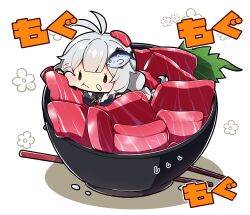 Rule 34 | 1girl, :t, absurdres, antenna hair, black dress, blush, bowl, braid, breasts, brown eyes, chopsticks, closed mouth, colored shadow, commentary request, dress, eating, fish hair ornament, food, food on face, grey hair, hair ornament, highres, in bowl, in container, in food, kizuna akari, large breasts, long hair, long sleeves, looking at viewer, milkpanda, puffy long sleeves, puffy sleeves, shadow, shirt, simple background, solid oval eyes, solo, sweat, translation request, twin braids, voiceroid, wavy mouth, white background, white shirt