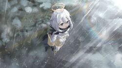 Rule 34 | 1girl, black eyes, black scarf, bright pupils, commentary, english commentary, from above, full body, genshin impact, halo, highres, long sleeves, looking up, outdoors, paimon (genshin impact), rain, scarf, short hair, single thighhigh, solo, standing, teasmacker, thighhighs, white hair, white pupils, white thighhighs