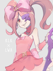 Rule 34 | 1girl, bare shoulders, bow, choker, company connection, cosplay, dress, ekita kuro, eyepatch, grey background, hair bow, hair ornament, half-closed eyes, harime nui, harime nui (cosplay), kill la kill, little witch academia, looking at viewer, mushroom, pale skin, pink bow, pink hair, red eyes, scissor blade (kill la kill), sharp teeth, simple background, smile, solo, sparkle, strapless, strapless dress, sucy manbavaran, teeth, twintails