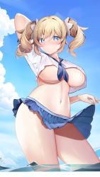 Rule 34 | 1girl, :/, absurdres, alternate breast size, arm up, arms behind head, barbara (genshin impact), blonde hair, blue eyes, blue neckerchief, blue sailor collar, blue skirt, blue sky, blush, breasts, closed mouth, clothes lift, commentary request, contrapposto, crop top, day, drill hair, from below, genshin impact, highres, large breasts, lifting own clothes, long hair, looking at viewer, miniskirt, navel, neckerchief, niduannowu, outdoors, partially underwater shot, pleated skirt, sailor collar, school uniform, serafuku, shirt, short sleeves, sidelocks, skirt, skirt hold, skirt lift, sky, solo, stomach, swimsuit, thick thighs, thighs, twin drills, underboob, wading, water, white shirt