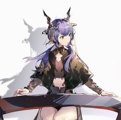Rule 34 | 1girl, ambience synesthesia, arknights, black jacket, black shirt, black shorts, blue hair, ch&#039;en (arknights), dadijiji, dragon horns, feet out of frame, highres, horns, jacket, laurel crown, long hair, looking to the side, midriff, open clothes, open jacket, parted lips, red eyes, shadow, shirt, shorts, sitting, solo, twintails, white background