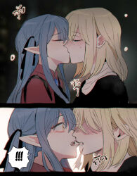 2girls absurdres bang_dream! bang_dream!_it&#039;s_mygo!!!!! biting biting_another&#039;s_lip black_ribbon black_shirt blonde_hair blue_hair blush closed_eyes collared_shirt commentary_request fang hair_ribbon highres kiss looking_at_another maybecrosswise medium_hair misumi_uika multiple_girls nun pointy_ears red_shirt ribbon shirt thai_commentary togawa_sakiko two_side_up vampire yellow_eyes yuri