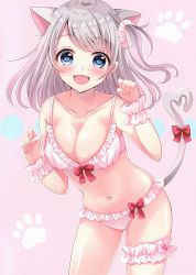 Rule 34 | 1girl, :d, absurdres, animal ears, bare shoulders, bikini, blue eyes, blush, bow, breasts, cat ears, cat girl, cat tail, cleavage, collarbone, cowboy shot, extra ears, fang, frilled bikini, frills, hair ornament, hair scrunchie, hands up, heart, heart tail, highres, large breasts, leaning forward, bridal garter, long hair, looking at viewer, navel, one side up, open mouth, original, paw pose, paw print, paw print background, pink background, red bow, sakura hiyori, scan, scrunchie, sidelocks, silver hair, smile, solo, standing, stomach, swimsuit, tail, tail bow, tail ornament, thighs, white bikini, wrist cuffs