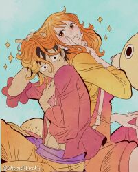 Rule 34 | 1boy, 1girl, back-to-back, chandllucky, couple, highres, humor, marvel, monkey d. luffy, nami (one piece), one piece, parody, sitting, spider-man (series)