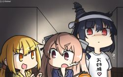 Rule 34 | 3girls, ^^^, adapted costume, black hair, blonde hair, brown eyes, clothes writing, commentary request, dated, hair ornament, hallway, hamu koutarou, highres, johnston (kancolle), kantai collection, lantern, light brown hair, long hair, low twintails, multiple girls, one-hour drawing challenge, open mouth, pajamas, red eyes, satsuki (kancolle), shirt, short hair, t-shirt, translation request, twintails, two side up, upper body, white shirt, yamashiro (kancolle), yellow eyes