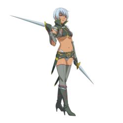 Rule 34 | 1girl, akaga hirotaka, blue hair, boots, breasts, dark-skinned female, dark skin, elbow gloves, female focus, gloves, grey thighhighs, high heels, irma (queen&#039;s blade), knee boots, large breasts, legs, long image, long legs, midriff, queen&#039;s blade, red eyes, revealing clothes, sheath, shoes, short hair, sideboob, sitting, smile, solo, standing, sword, tall image, thighhighs, thighs, turtleneck, underboob, weapon