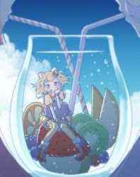 Rule 34 | 3girls, air bubble, bad id, bad twitter id, berry, blonde hair, blue eyes, blue sky, bubble, cloud, commentary request, cone hair bun, cup, double bun, drinking, drinking straw, food, fruit, full body, hair bun, hand on own cheek, hand on own face, hand up, highres, hojo sophy, in container, in cup, kiwi (fruit), kiwi slice, looking at viewer, manaka laala, minami mirei, mini person, minigirl, multiple girls, orange (fruit), orange slice, out of frame, pretty series, pripara, ruru ashihara, shared drink, short hair, sitting, sky, solo focus, strawberry, submerged, underwater, water