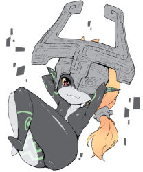 Rule 34 | 1girl, armpits, arms behind head, bad id, bad tumblr id, colored sclera, fang, flat chest, full body, helmet, legs together, long hair, midna, nintendo, no nipples, no toes, one eye covered, pointy ears, red eyes, smile, solo, the legend of zelda, the legend of zelda: twilight princess, torathi, yellow sclera