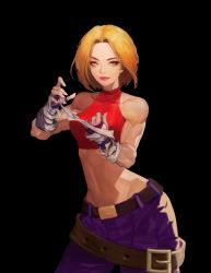 Rule 34 | 1girl, artist request, bare shoulders, belt, blonde hair, blue eyes, blue mary, breasts, closed mouth, crop top, denim, fatal fury, fingerless gloves, gloves, halterneck, halterneck, highres, jeans, jeongsoo-lim, large breasts, lipstick, looking at viewer, loose belt, makeup, midriff, muscular, navel, pants, short hair, simple background, smile, solo, the king of fighters