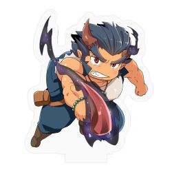 Rule 34 | 1boy, bare shoulders, beard, blue hair, chibi, covered erect nipples, dark blue hair, demon boy, facial hair, fang, fiery horns, fighting stance, full body, highres, horns, long sideburns, male focus, red eyes, shoes, sideburns, simple background, sleeveless, solo, stubble, sugo6969, takemaru (housamo), thick eyebrows, tokyo houkago summoners, white background
