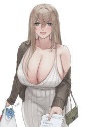 Rule 34 | 1girl, :d, absurdres, artist name, bag, black jacket, blush, breasts, brown hair, cleavage, collarbone, dress, english text, green eyes, grocery bag, hair ornament, hairclip, handbag, highres, holding, holding bag, huge breasts, jacket, long hair, long sleeves, looking at viewer, milephunter, off shoulder, open clothes, open jacket, open mouth, original, parted lips, shopping bag, single bare shoulder, smile, solo, very long hair, white dress