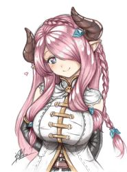 Rule 34 | 10s, 1girl, arms behind back, black gloves, blue bow, blue eyes, blush, bow, braid, breasts, closed mouth, commentary, draph, elbow gloves, gloves, granblue fantasy, hair bow, hair ornament, hair over one eye, head tilt, heart, highres, horns, isaki tanaka, large breasts, narmaya (granblue fantasy), pink hair, pointy ears, signature, simple background, smile, solo, traditional media, upper body, white background