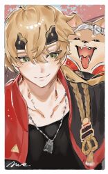 Rule 34 | 1boy, blonde hair, blush, border, closed eyes, closed mouth, dog, dog tags, fangs, genshin impact, green eyes, hair between eyes, hairband, headband, highres, jacket, light brown hair, long hair, male focus, open mouth, ponytail, red jacket, signature, taroumaru (genshin impact), tassel, thoma (genshin impact), upper body, waonwaowao3