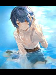 Rule 34 | 1boy, ari (bleum), artist name, asymmetrical hair, barefoot, belt, blue hair, blue shorts, blue sky, blush, brown belt, center frills, commentary request, day, earrings, frilled shirt, frilled sleeves, frills, genshin impact, hair between eyes, hand up, highres, in water, jewelry, letterboxed, long sleeves, looking at viewer, male focus, outdoors, parted lips, partially submerged, shirt, short hair, short shorts, shorts, sidelocks, single earring, sitting, sky, smile, solo, tassel, tassel earrings, twitter username, wariza, water, wet, wet clothes, wet shirt, white shirt, wide sleeves, xingqiu (genshin impact), yellow eyes